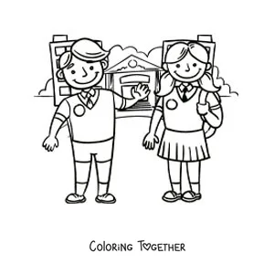 Coloring page of two cartoon kids in uniform in front of the school