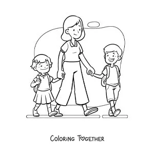 Coloring page of a cartoon mother taking her kids to school
