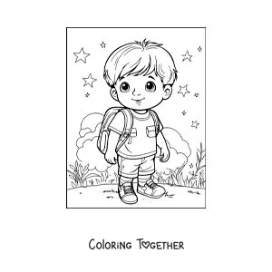 Coloring page of a boy with his backpack on his way to school