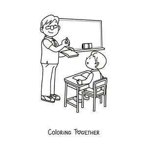 Coloring page of a boy at his desk with his teacher explaining at the board