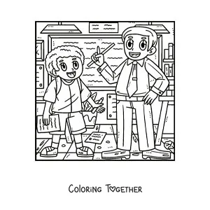 Coloring page of a boy in the classroom with his teacher explaining