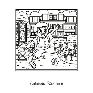 Coloring page of a cartoon boy in his uniform going to school