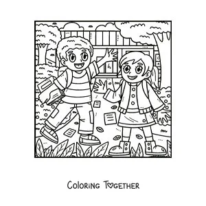 Coloring page of two cartoon kids walking to school