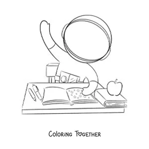 Coloring page of a cartoon astronaut at school raising his hand