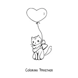 Coloring page of a kawaii cat sitting with a scarf and a heart-shaped balloon