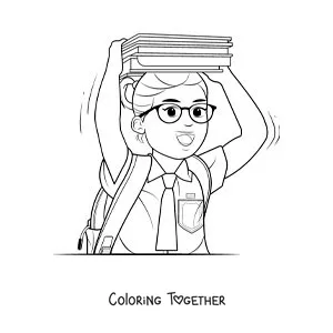 Coloring page of a girl in a school uniform carrying books