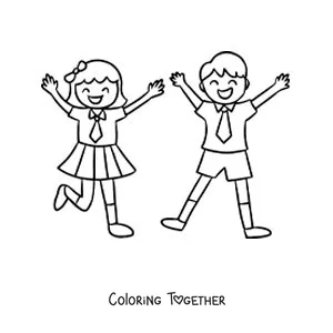 Coloring page of two cartoon kids in school uniforms