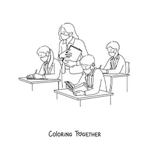 Coloring page of kids with masks in the classroom with the teacher