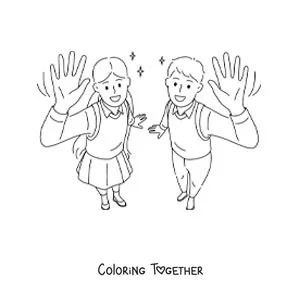 Coloring page of a girl and a boy in uniform waving hello