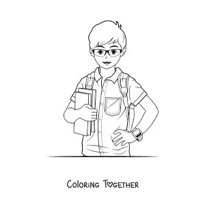 Coloring page of a boy in uniform with books