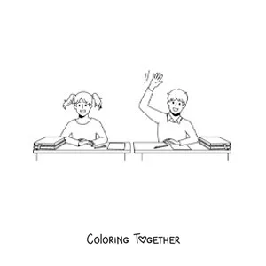 Coloring page of a girl and a boy in the classroom