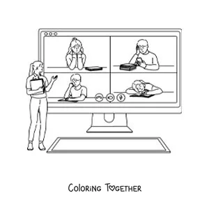 Coloring page of a computer screen with kids studying on a video call and the teacher explaining