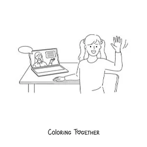 Coloring page of a girl with her laptop in an online class