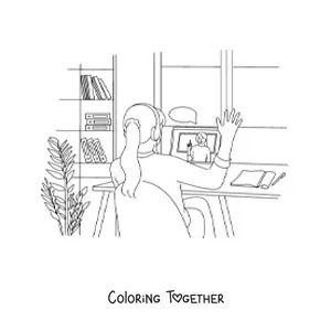 Coloring page of a girl with headphones taking part in an online class