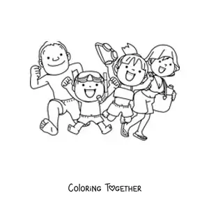 Coloring page of a happy family in swimsuits with summer accessories