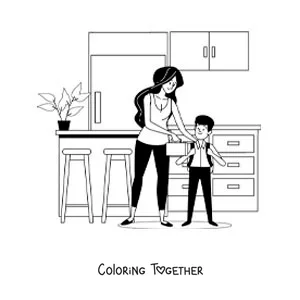 Coloring page of a mother handing her son a lunchbox with breakfast before going to school