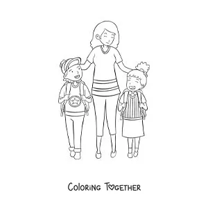 Coloring page of a mother walking her daughter and son to school