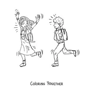 Coloring page of two kids running to school
