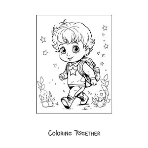 Coloring page of a kawaii boy with his backpack ready to go to school