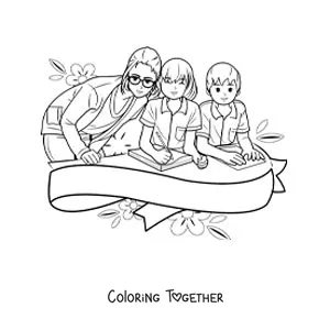 Coloring page of two kids at school with their teacher