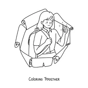 Coloring page of a girl with a uniform and backpack ready for back to school