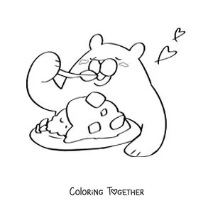 Coloring page of a cartoon bear eating from a plate