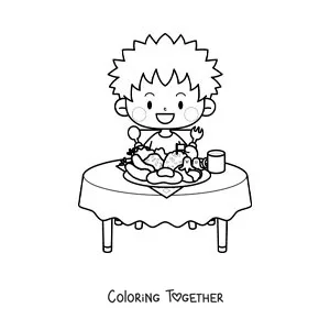 Coloring page of a cartoon boy sitting at the table with a plate of food