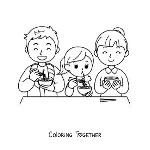 Coloring page of a family sitting at the table eating