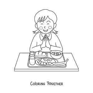 Coloring page of a girl with her hands together giving thanks for her food in the school cafeteria
