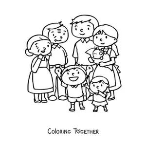 Coloring page of a dad, a mom, two children, and a baby welcoming a pair of grandparents
