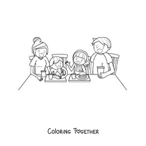 Coloring page of a family sitting at the table eating junk food