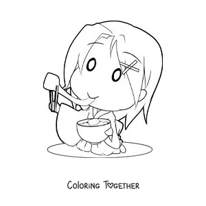 Coloring page of a Japanese girl eating