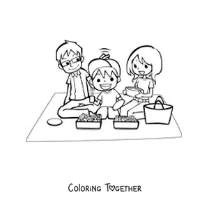 Coloring page of a boy and his parents eating at a picnic