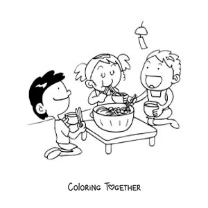 Coloring page of kids sitting and eating Asian food