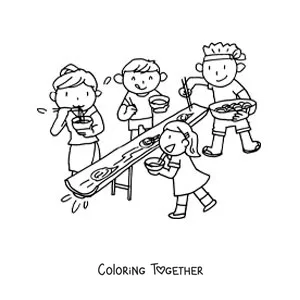 Coloring page of people eating ramen at a Japanese restaurant