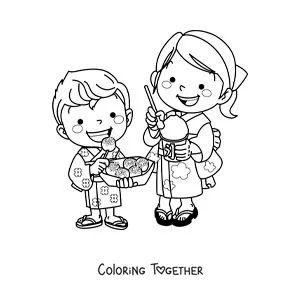 Coloring page of Japanese kids eating ice cream and sweets