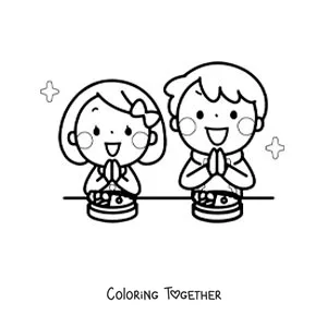 Coloring page of two kids giving thanks for the food before eating