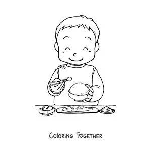 Coloring page of an Asian boy eating rice with chopsticks