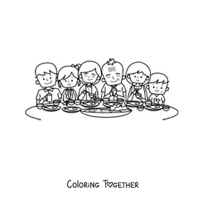 Coloring page of a big animated family eating at the table