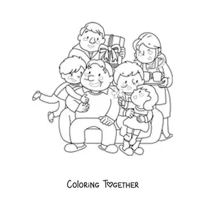 Coloring page of a dad, a mom, and two children gathered around a pair of grandparents