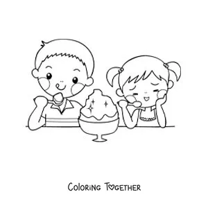 Coloring page of two kawaii kids eating ice cream