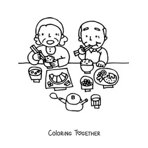Coloring page of two grandparents eating together at the table