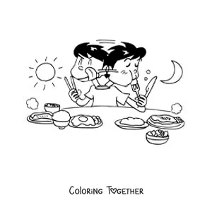 Coloring page of a boy eating at the table from morning till night