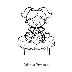 Coloring page of a kawaii girl sitting at the table with a plate of food