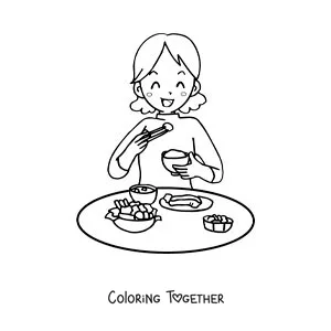 Coloring page of a woman eating lunch at the table