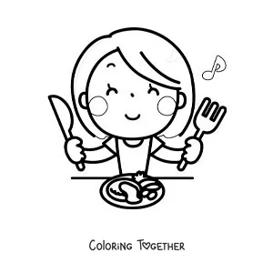 Coloring page of a kawaii woman eating at the table with cutlery