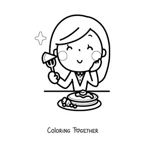 Coloring page of a kawaii woman eating pancakes for breakfast