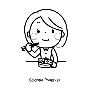 Coloring page of a kawaii woman eating with chopsticks
