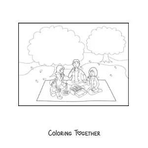 Coloring page of children and their parents eating together as a family at a picnic