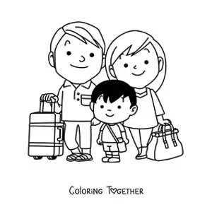 Coloring page of a nuclear family with travel luggage